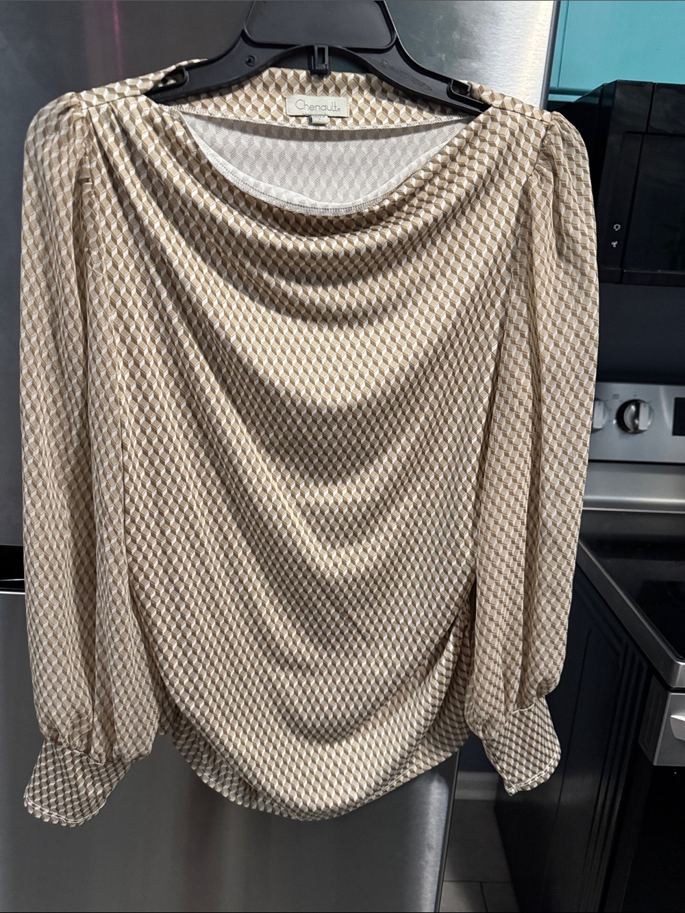 Chenault Beige Geometric Cowl Neck Blouse
